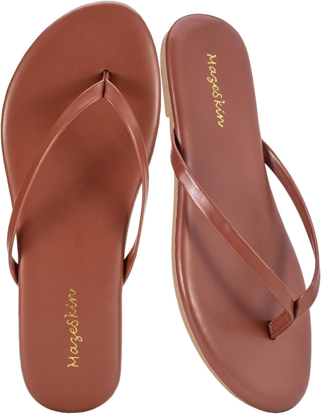mazeskin Women's Memory Foam Comfortable Flat Thong Sandals Dressy Summer Beach Leather Slide Flip Flops