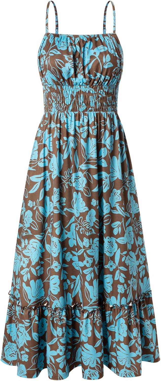 GRACE KARIN Summer Dresses for Women 2026 Vacation,Smocked Floral Maxi Dress,Boho Beach Sundress with Pocket Fashion Clothing