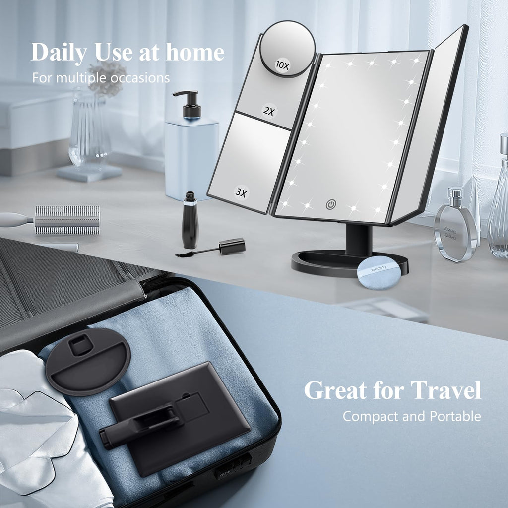 HUONUL Makeup Mirror, Vanity Mirror with Lights, 2X/3X/10X Magnification, Touch Control, Trifold, Dual Power Supply, Birthday Gifts for Women, Wife, Mom, Girls,Dorm Room Essentials