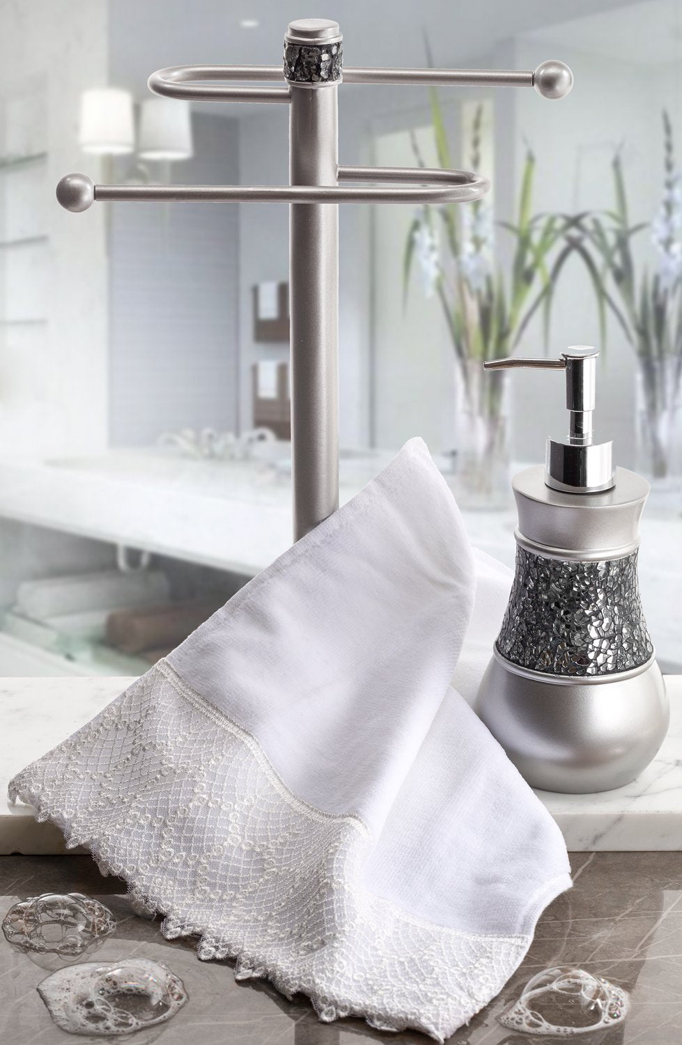 Creative Scents Crackled Glass Silver Bathroom Accessory Set – 4-Piece Vanity Set Includes: Lotion Soap Dispenser, Toothbrush Holder, Tumbler, and Soap Dish