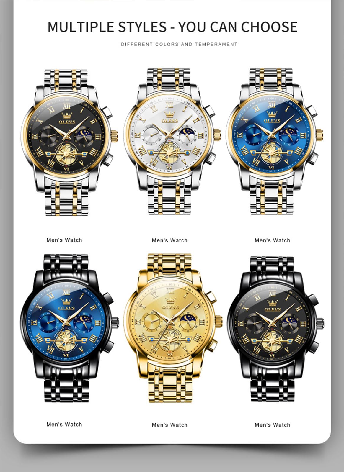 OLEVS Watches Men Waterproof Luxury Big Face Mens Watch Stainless Steel Quartz Analog Dress Watches for Men Luminous Multifunction Man Watch Relojes De Hombre