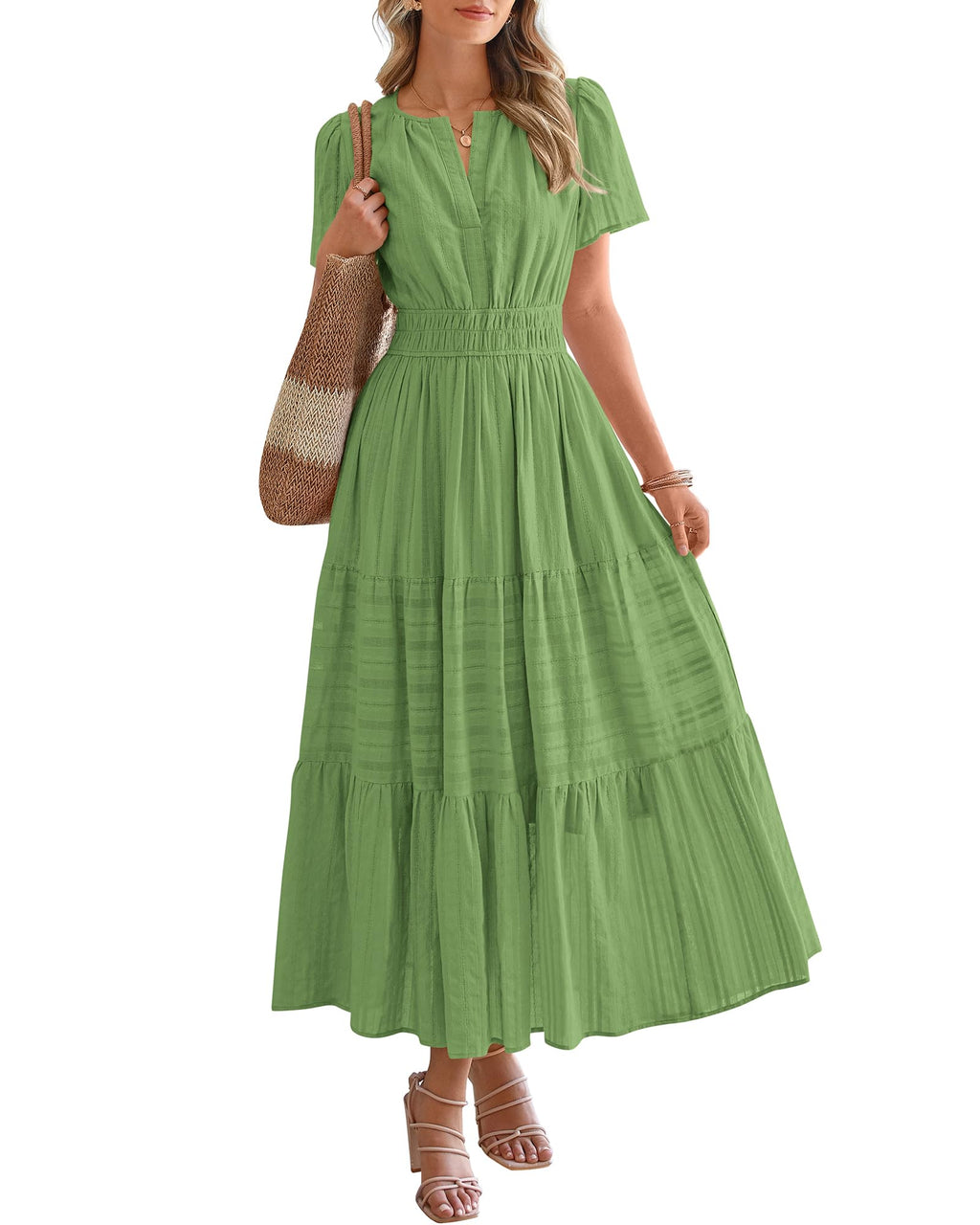 BTFBM Womens Summer 2026 Casual Midi Maxi Dresses Lightweight Short Sleeve V Neck Elastic Waist Boho Beach Dress Pockets