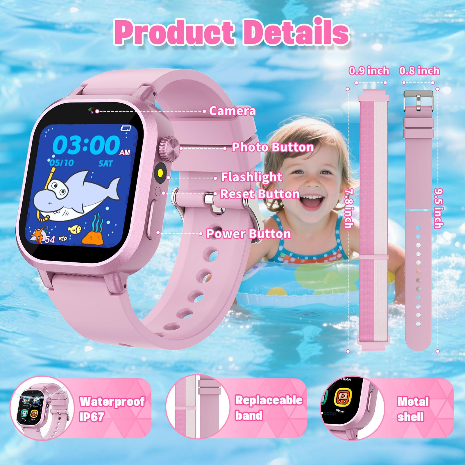Wiszodet Kids Waterproof Smart Watch Boys Gift Age 3-12 with 39 Game HD Touch Screen Music Player Video Camera Pedometer Alarm Clock Birthday Gift for 6 7 8 9 Year Olds Blue