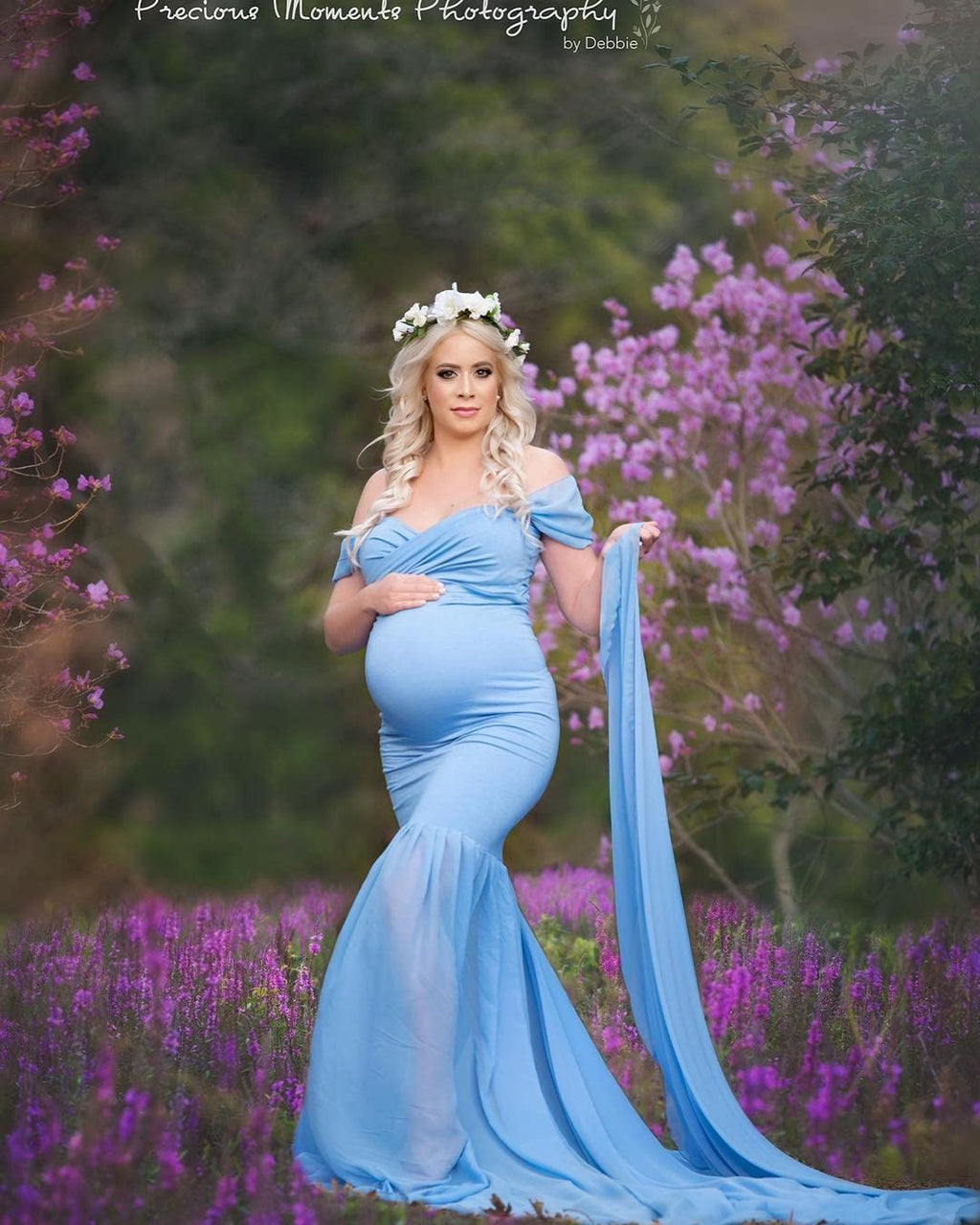 ZIUMUDY Maternity Chiffon Mermaid Gown Off Shoulder Dropped Sleeve Fitted Photo Shoot Photography Dress