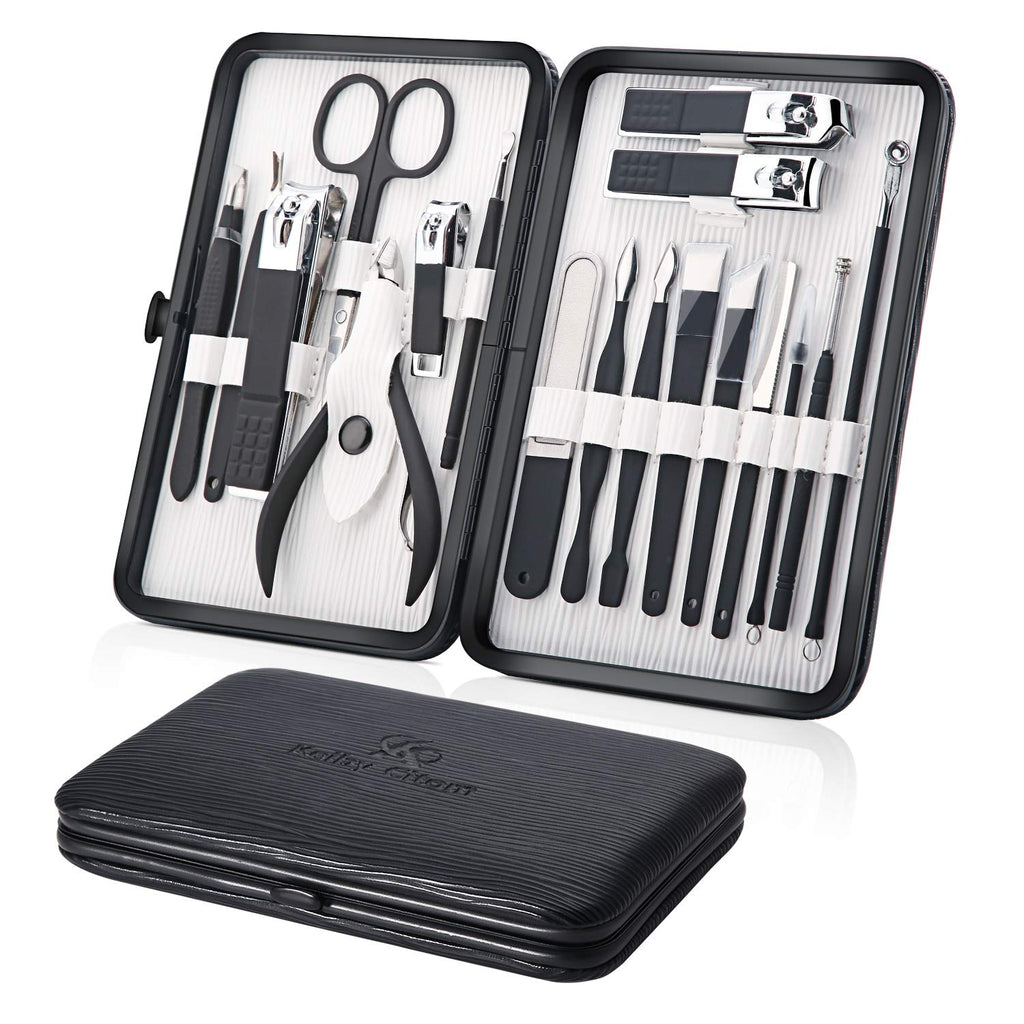 Professional Stainless Steel Nail Clipper Travel & Grooming Kit Nail Tools Manicure & Pedicure Set of 15pcs with Luxurious Case (Black/Yellow)