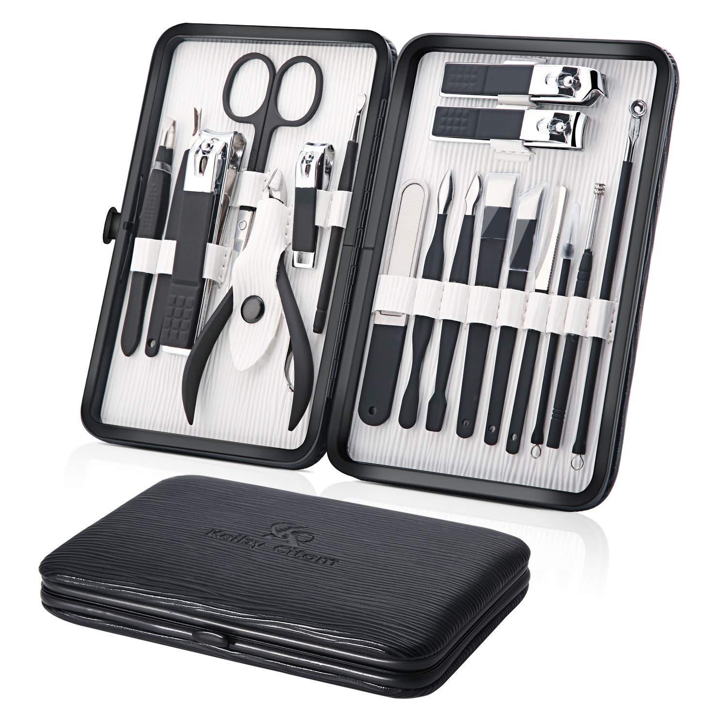 Professional Stainless Steel Nail Clipper Travel & Grooming Kit Nail Tools Manicure & Pedicure Set of 15pcs with Luxurious Case (Black/Yellow)