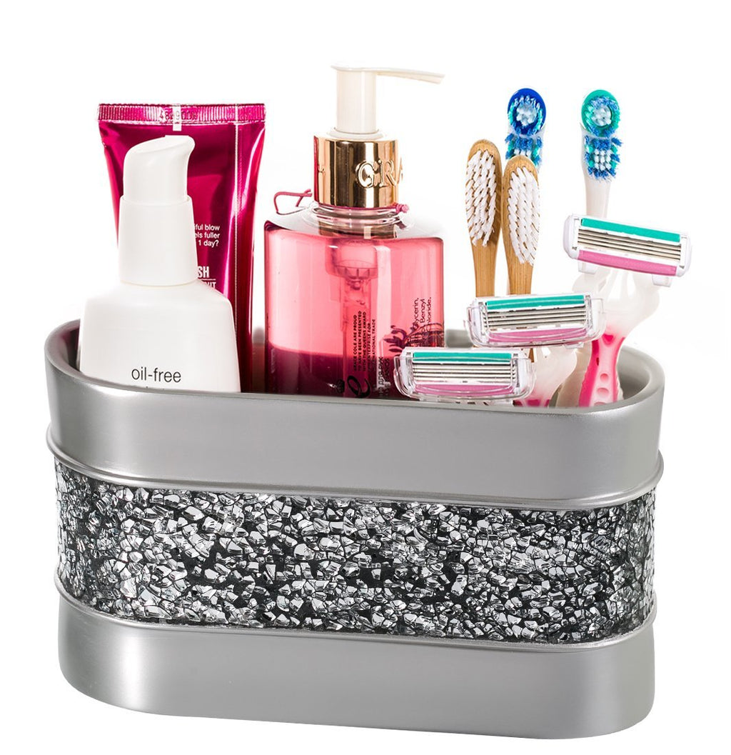 Creative Scents Crackled Glass Silver Bathroom Accessory Set – 4-Piece Vanity Set Includes: Lotion Soap Dispenser, Toothbrush Holder, Tumbler, and Soap Dish