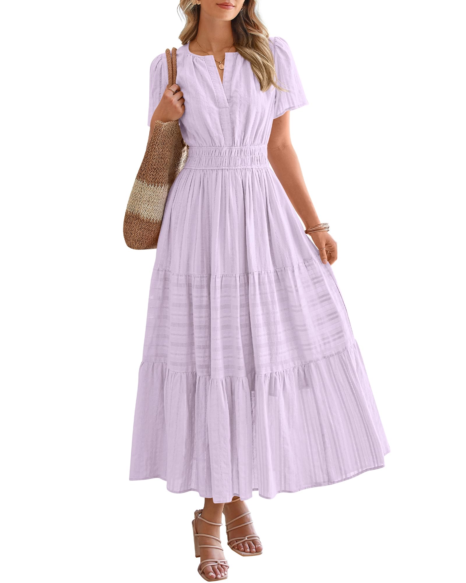 BTFBM Womens Summer 2026 Casual Midi Maxi Dresses Lightweight Short Sleeve V Neck Elastic Waist Boho Beach Dress Pockets