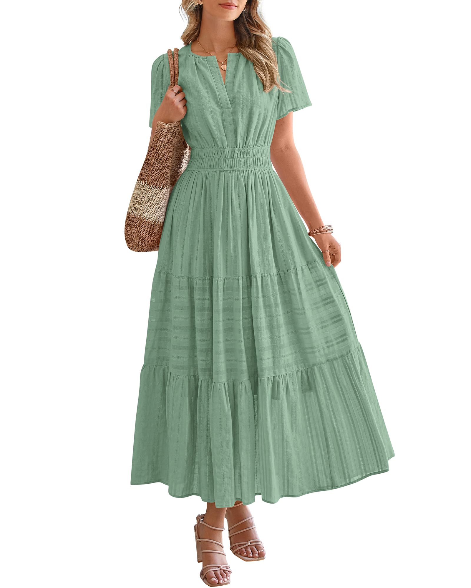 BTFBM Womens Summer 2026 Casual Midi Maxi Dresses Lightweight Short Sleeve V Neck Elastic Waist Boho Beach Dress Pockets