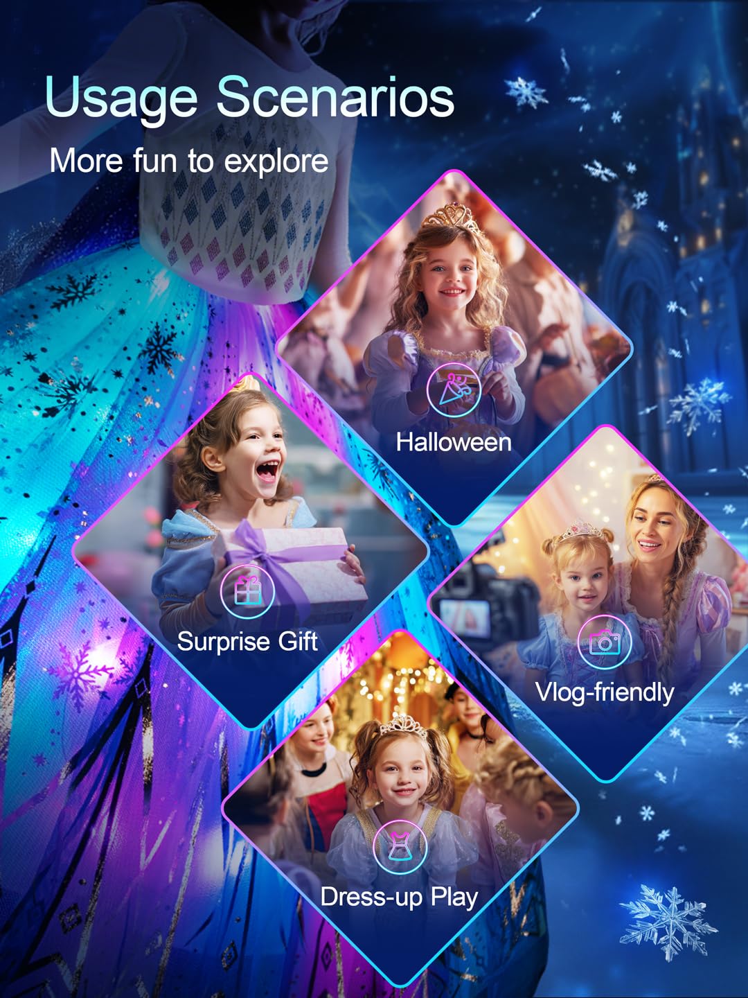 Princess Costume for Girls, RGB Light Up Princess Dress up Birthday Syncs Music App Control, Halloween costume 3-9