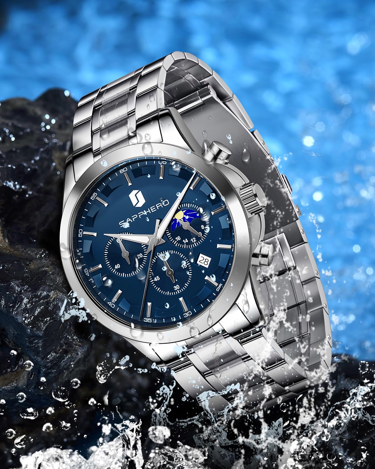 SAPPHERO Chronograph Watches for Men, Original Business Casual Stainless Steel Analog Watch 50M Waterproof Luminous Watches with Date Dial, Mens Gift