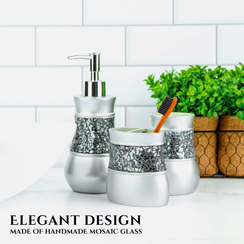 Creative Scents Crackled Glass Silver Bathroom Accessory Set – 4-Piece Vanity Set Includes: Lotion Soap Dispenser, Toothbrush Holder, Tumbler, and Soap Dish