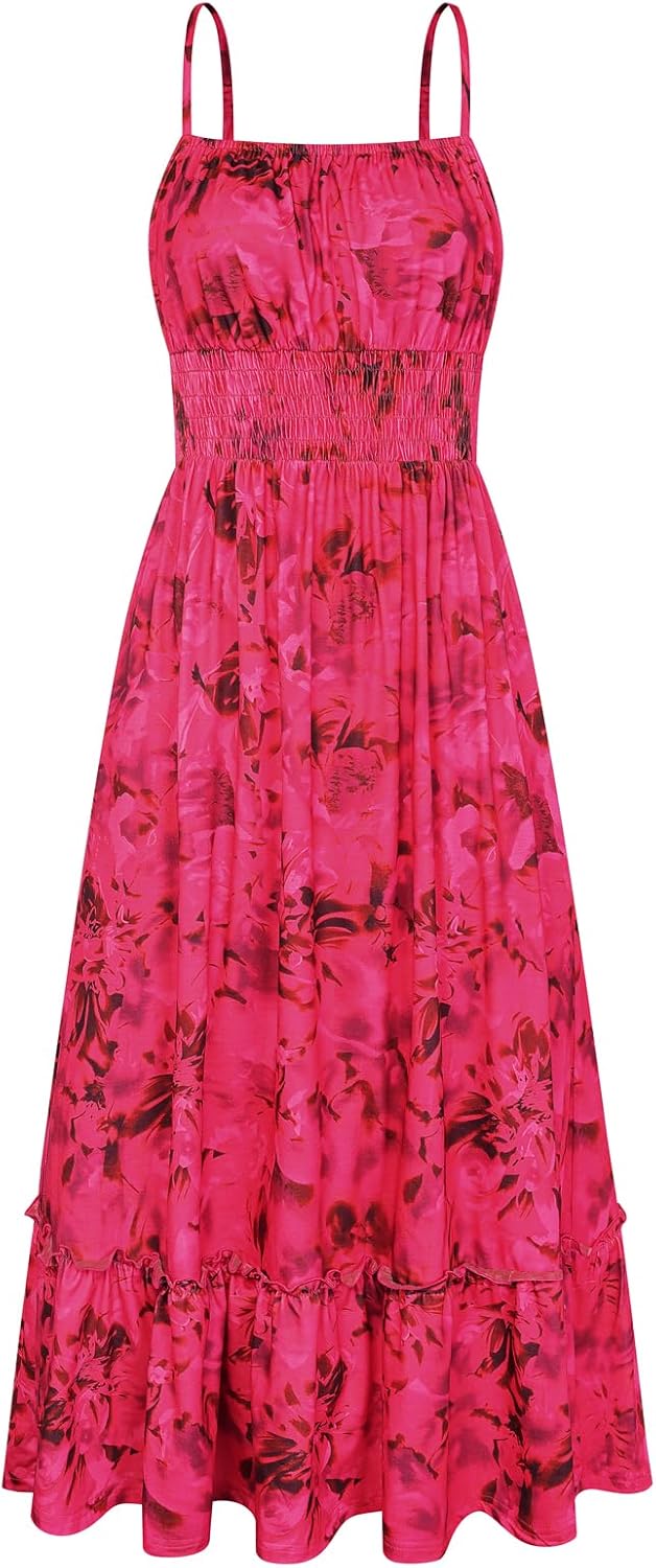 GRACE KARIN Summer Dresses for Women 2026 Vacation,Smocked Floral Maxi Dress,Boho Beach Sundress with Pocket Fashion Clothing