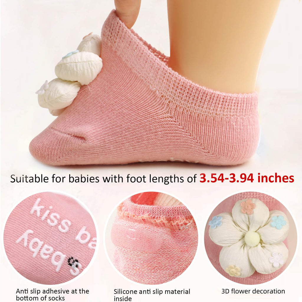 KEAINVRN 4Packs Baby Girls Socks,Flower Non-Slip Grips for Babies Toddler Princess Low Cut Ankle Socks for Girls