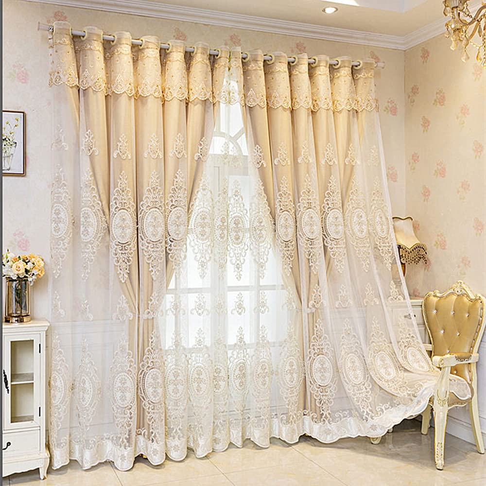 Amidoudou 1 Pair European Double Layer Curtains with Valances for Living Room Bedroom Luxury 3D Flower Embroidered Curtains (Yellow,52x96 Inch)