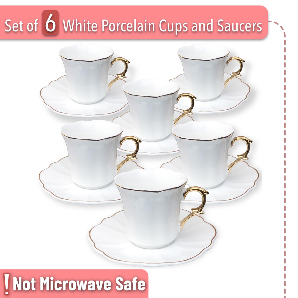 BTaT- Turkish Coffee Cup Set, 3 oz, 6 Set (12 pcs), Elegant White Cups & Saucers with Gold Trim & Gift Box, Small Porcelain Espresso Set for Serving Greek, Arabic & Turkish Coffee, Gift Giving