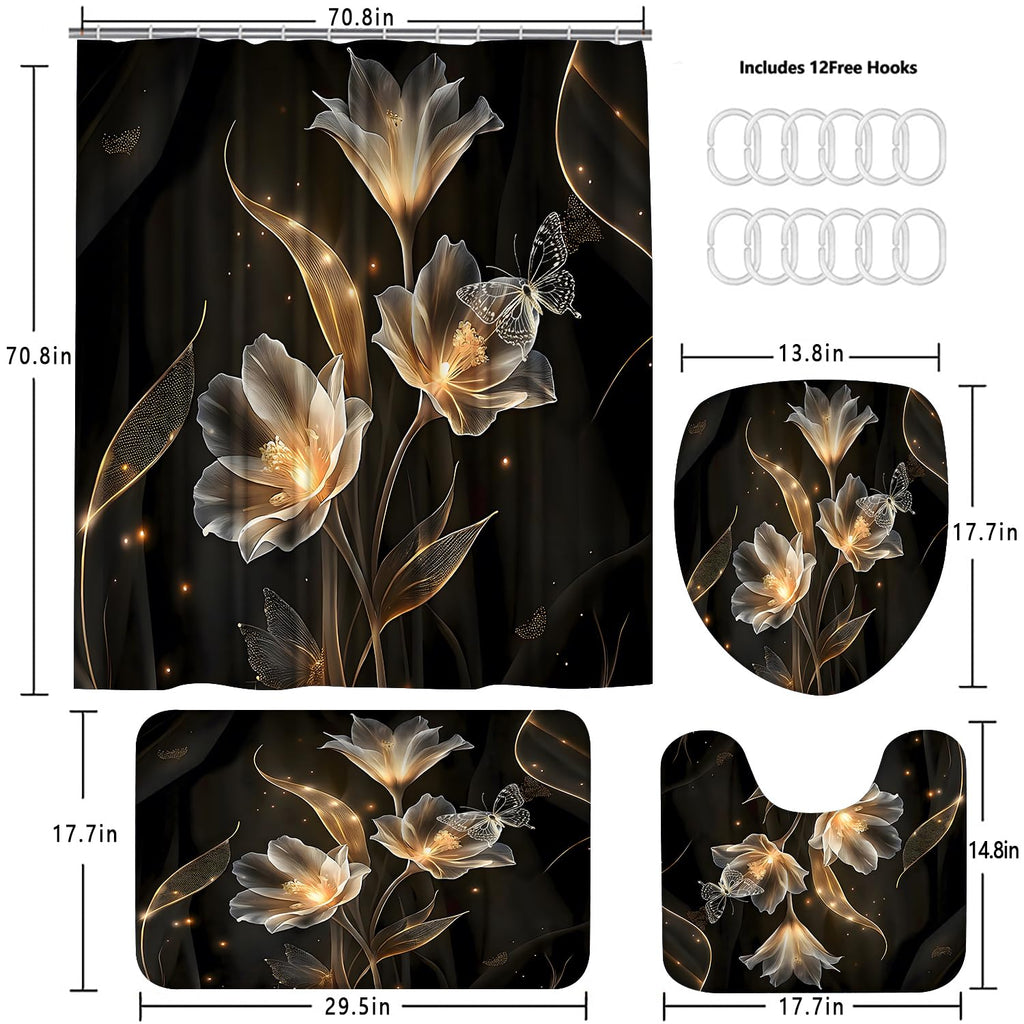 AZHM 4PCS Lotus Shower Curtain Set Black and Gold Flower Bathroom Decor Sets with Shower Curtain and Rugs and Accessories with 12 Hooks for Toilet