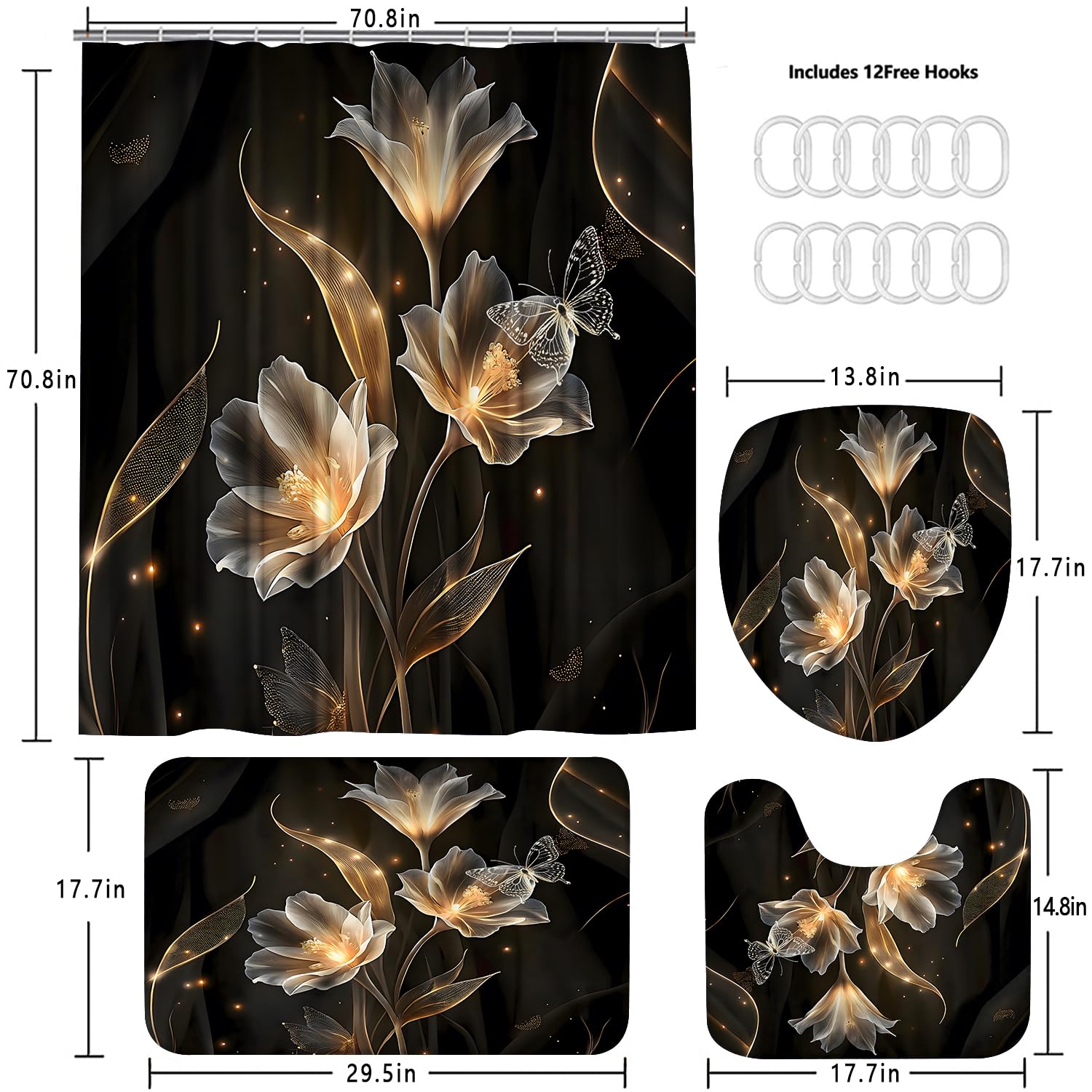 AZHM 4PCS Lotus Shower Curtain Set Black and Gold Flower Bathroom Decor Sets with Shower Curtain and Rugs and Accessories with 12 Hooks for Toilet