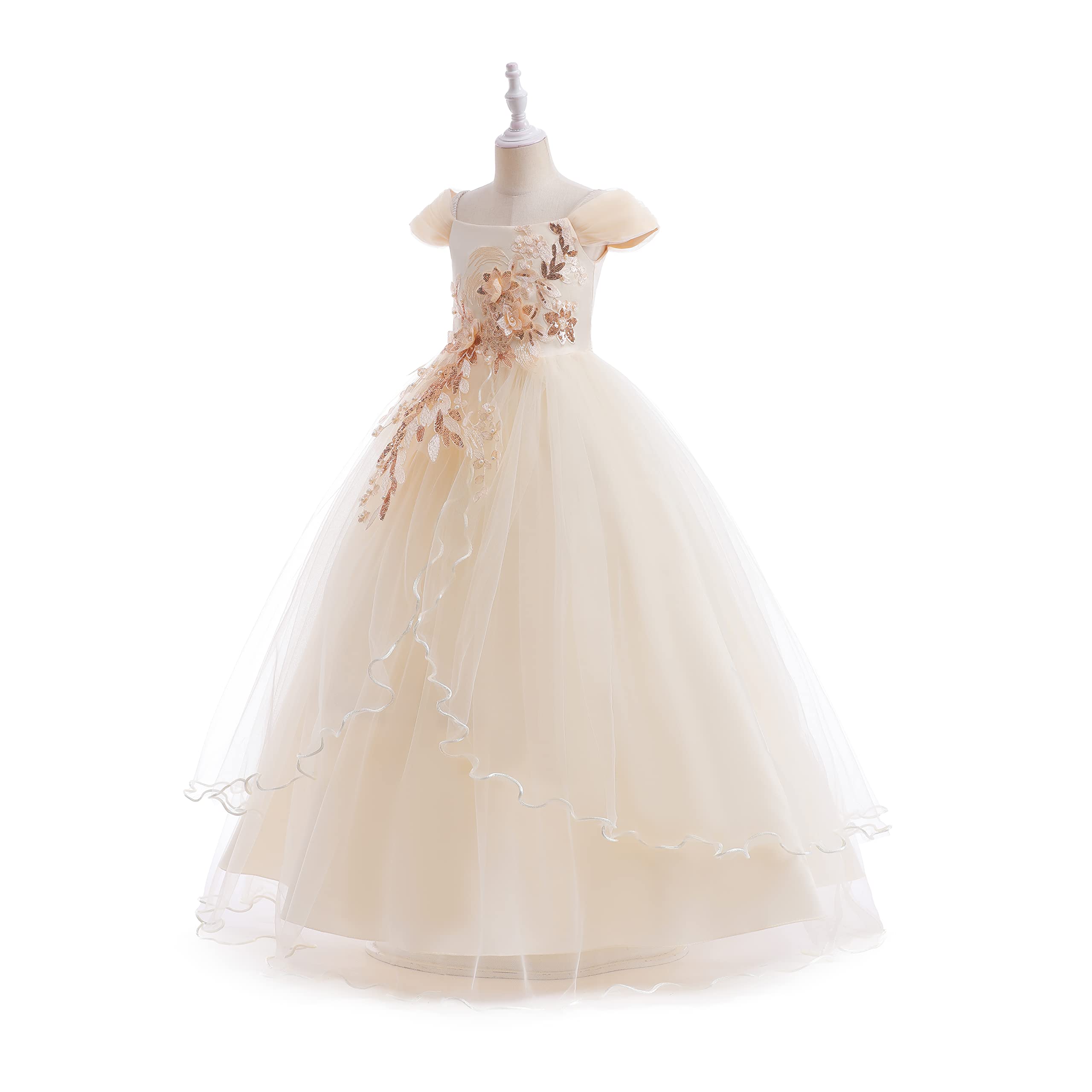 Weileenice Vintage Off the Shoulder Flower Girl Dress Lace Embroidery Little/Big Girls Wedding Bridesmaid Holiday Ballgown