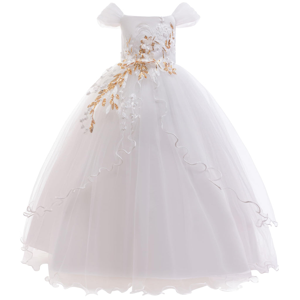 Weileenice Vintage Off the Shoulder Flower Girl Dress Lace Embroidery Little/Big Girls Wedding Bridesmaid Holiday Ballgown