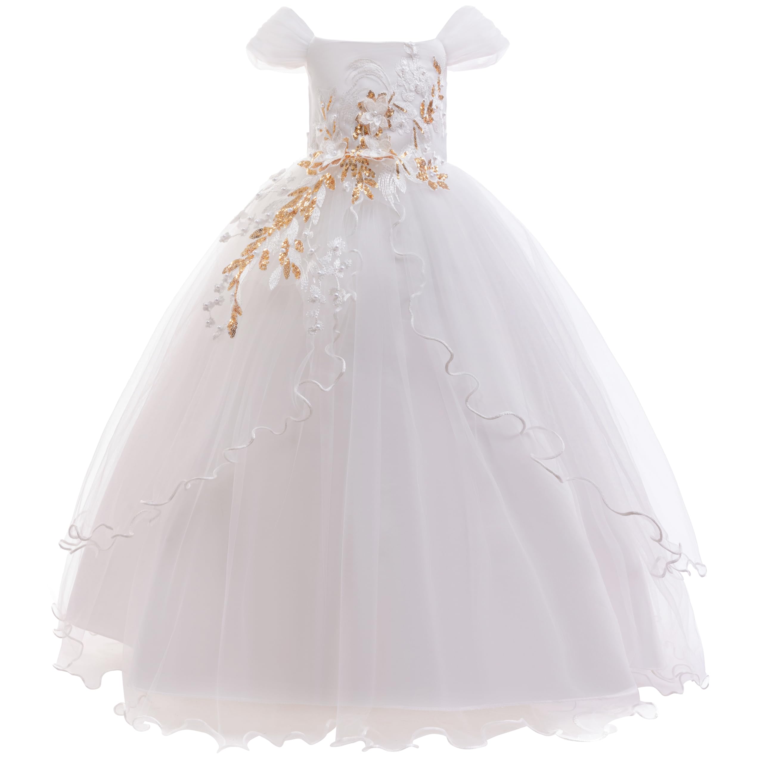 Weileenice Vintage Off the Shoulder Flower Girl Dress Lace Embroidery Little/Big Girls Wedding Bridesmaid Holiday Ballgown