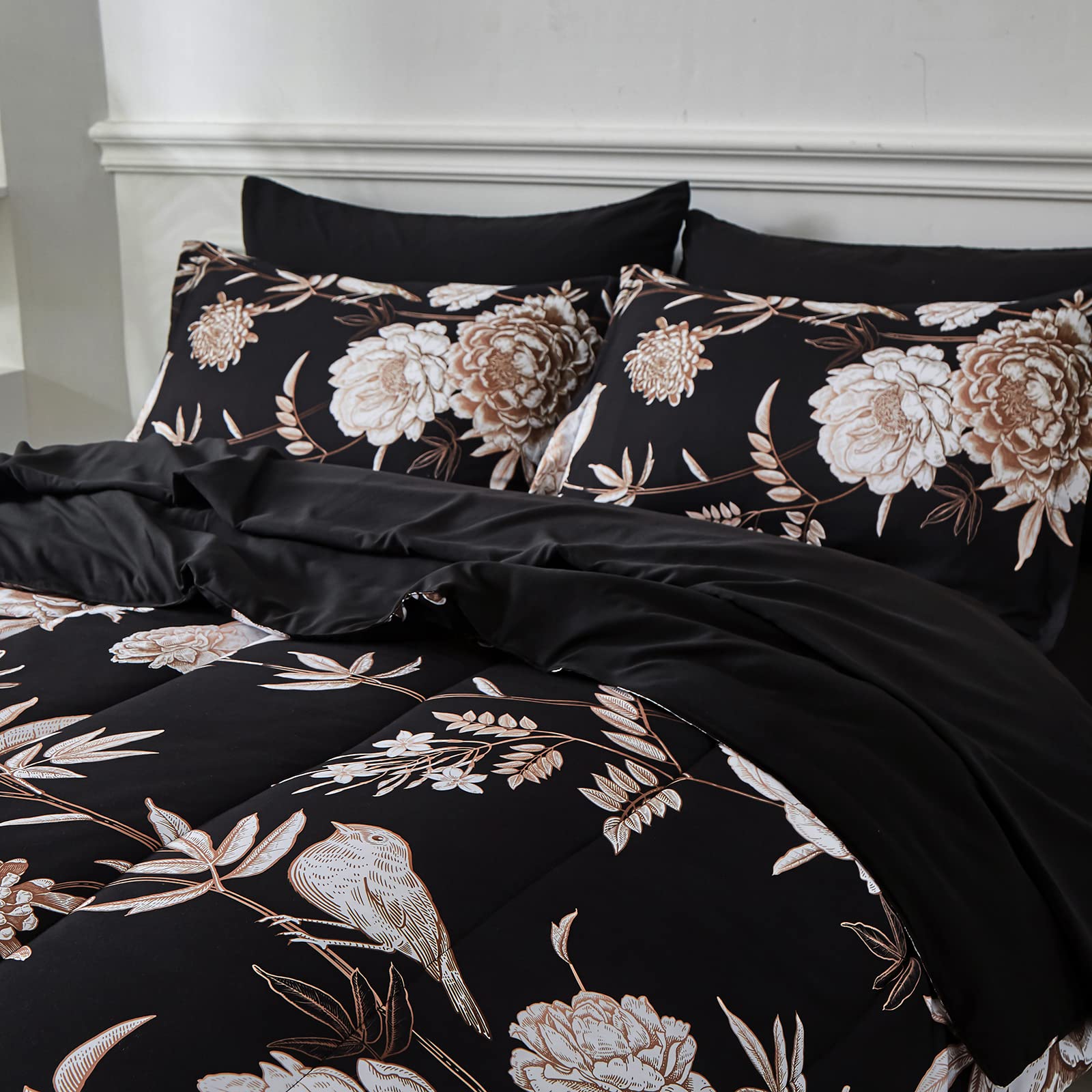 Yogeneg 7 Piece Bed in a Bag King Size Comforter Set Black Bedding Set,Gold Butterfly Leaves Printed on Black Reversible Design,Soft Microfiber Comforter with Sheet Set,All Season(Butterfly,King)