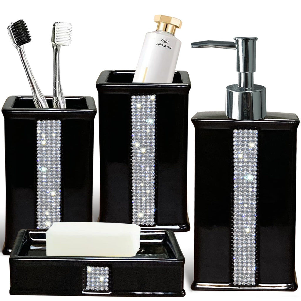 Bathroom Accessories Set 4 Pcs-Ceramic Gift Set Soap Dispenser Pump & Toothbrush Holder & Tumbler Cup & Soap Dish - Bathroom Home Decor Clearance, Countertop Vanity Organize (15 Ounce)