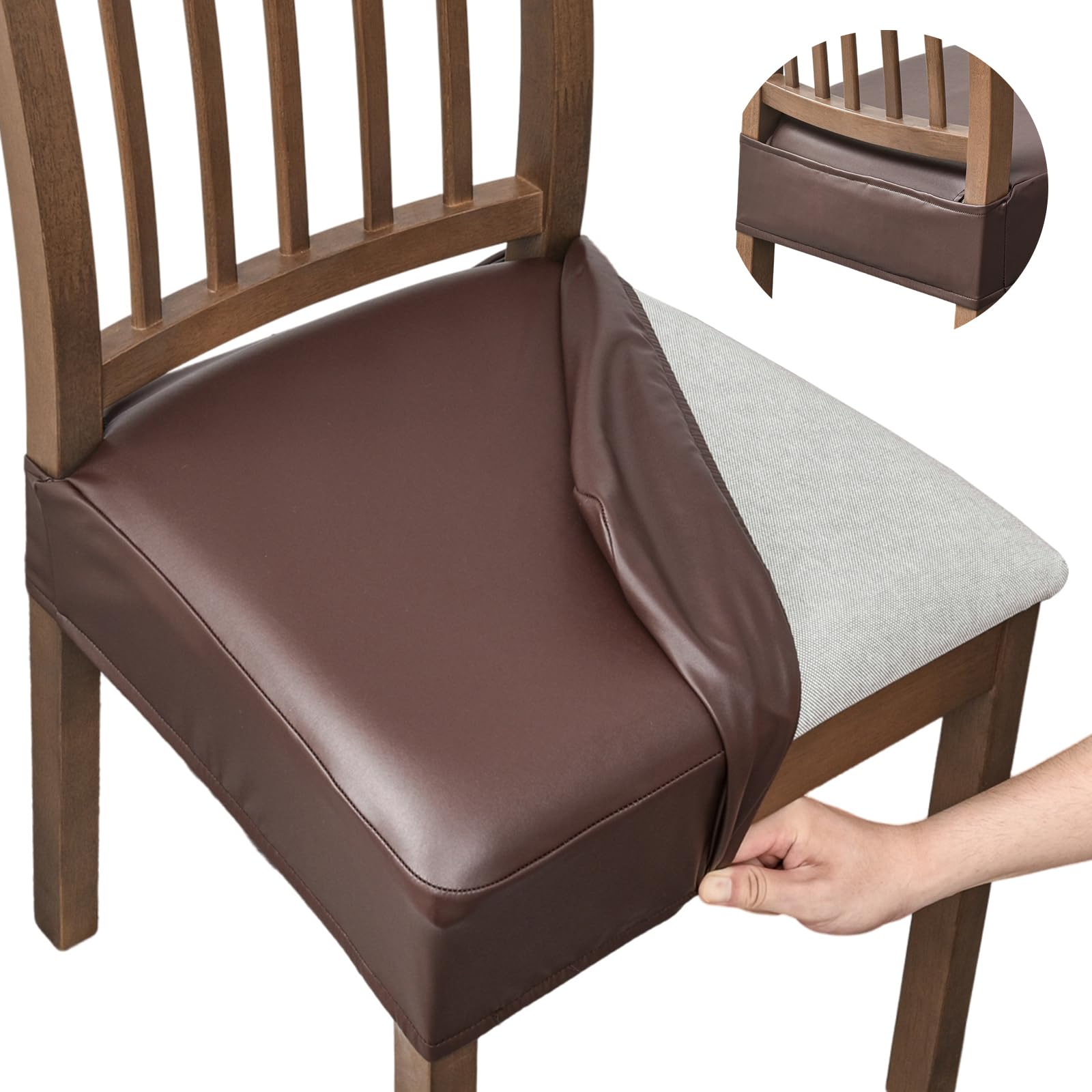 NILUOH Waterproof Seat Covers for Dining Room Chairs Set of 6, Pu Leather Chair Seat Slipcovers Dining Chair Cover Removable Washable Chair Protctor Cover, Rear Covers (PU-Coffee)