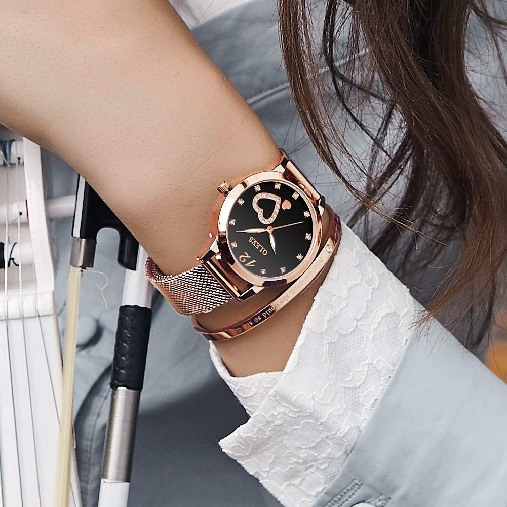 OLEVS Rose Gold Watch for Women Mesh Strap Fashion Dress Hearts Japanese Quartz Waterproof Luminous Ladies Watches Bracelet Sets