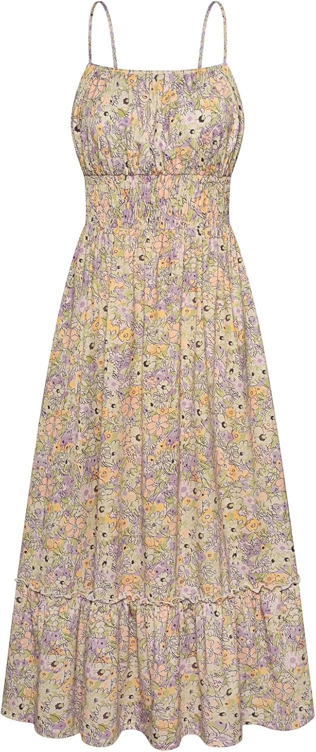 GRACE KARIN Summer Dresses for Women 2026 Vacation,Smocked Floral Maxi Dress,Boho Beach Sundress with Pocket Fashion Clothing