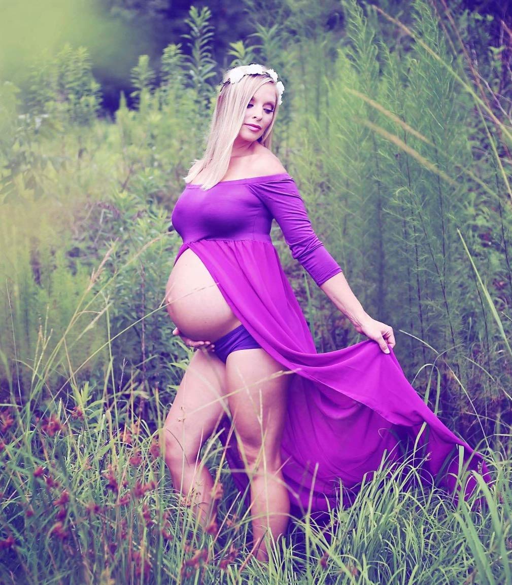 ZIUMUDY Maternity Maxi Chiffon Photography Dress Split Front Gown for Photoshoot