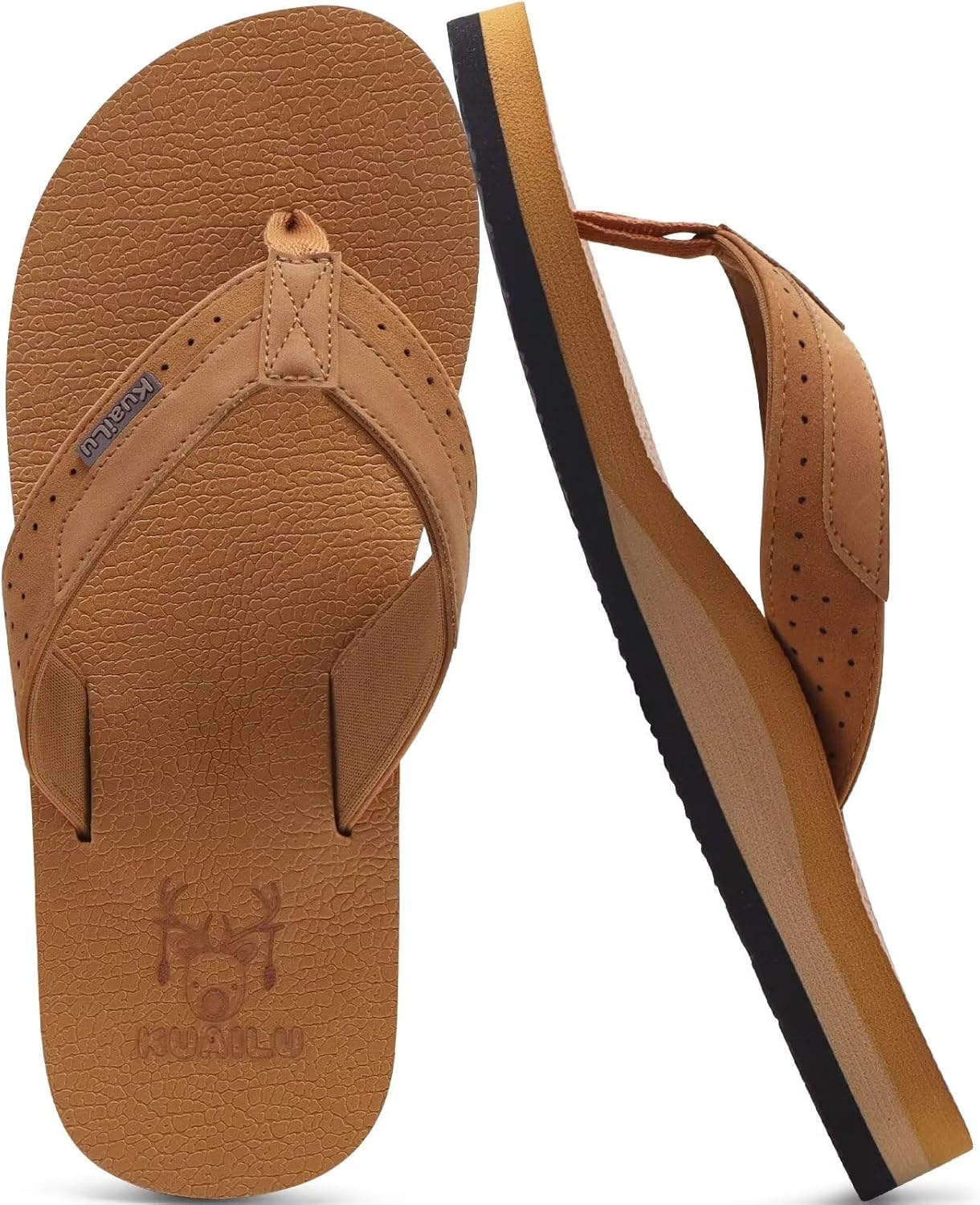 KuaiLu Men's Yoga Mat Leather Flip Flops with Arch Support Comfortable Cushion Walking Thong Sandals Slip On Indoor Outdoor