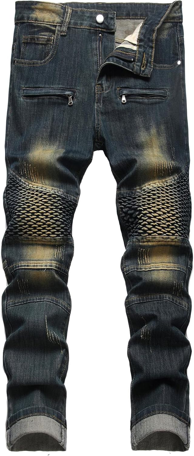 Baylvn Men's Designer Straight Slim Fit Patchwork Jeans Comfort Skinny Biker Denim Pants