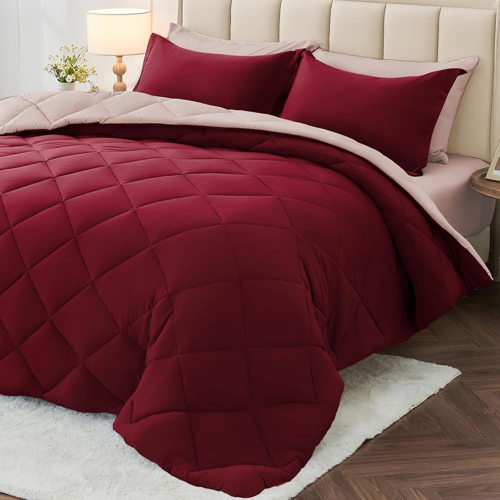 MUXHOMO 7 Pieces King Comforter Set, Reversible Bed in a Bag King Size, All Season Bedding Set with Comforter, Flat Sheet, Fitted Sheet, Pillowcases & Shams, Red & Black