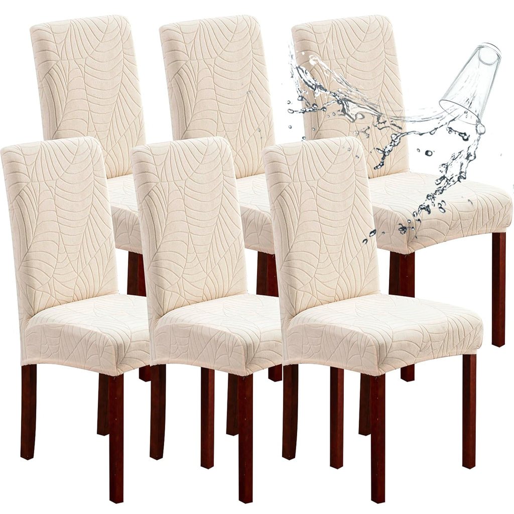 Genina Waterproof Chair Covers for Dining Room 6 Pack, Stretch Jacquard Dining Chair Cover Removable Washable Chair Protectors Cover for Kitchen, Home (Leaves-Warm Gray, 6 PCS)