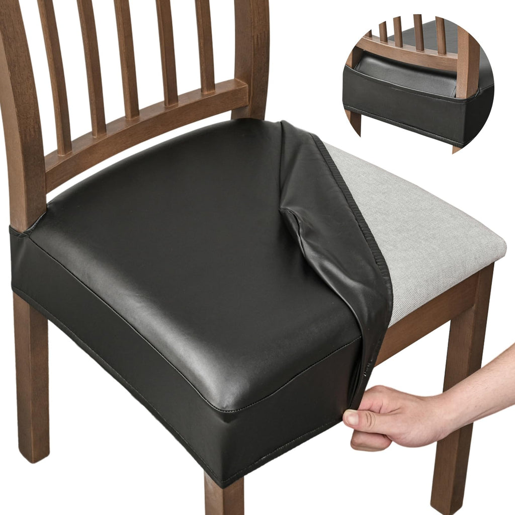 NILUOH Waterproof Seat Covers for Dining Room Chairs Set of 6, Pu Leather Chair Seat Slipcovers Dining Chair Cover Removable Washable Chair Protctor Cover, Rear Covers (PU-Coffee)