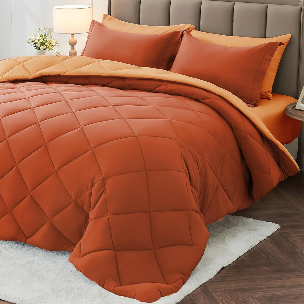 MUXHOMO 7 Pieces King Comforter Set, Reversible Bed in a Bag King Size, All Season Bedding Set with Comforter, Flat Sheet, Fitted Sheet, Pillowcases & Shams, Red & Black