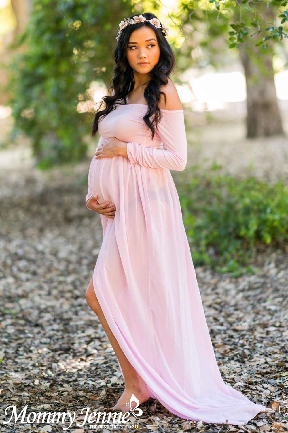 Mommy Jennie Maternity Dress Off Shoulder Long Sleeve Split Front Chiffon Gown for Photoshoot