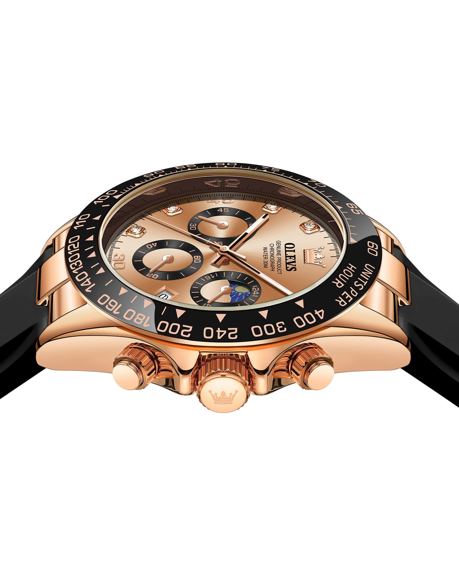 OLEVS Men Analog Quartz Waterproof Watches Multifunction Chronograph Diamond Moon Phase Luminous Silicone Band Wrist Watches