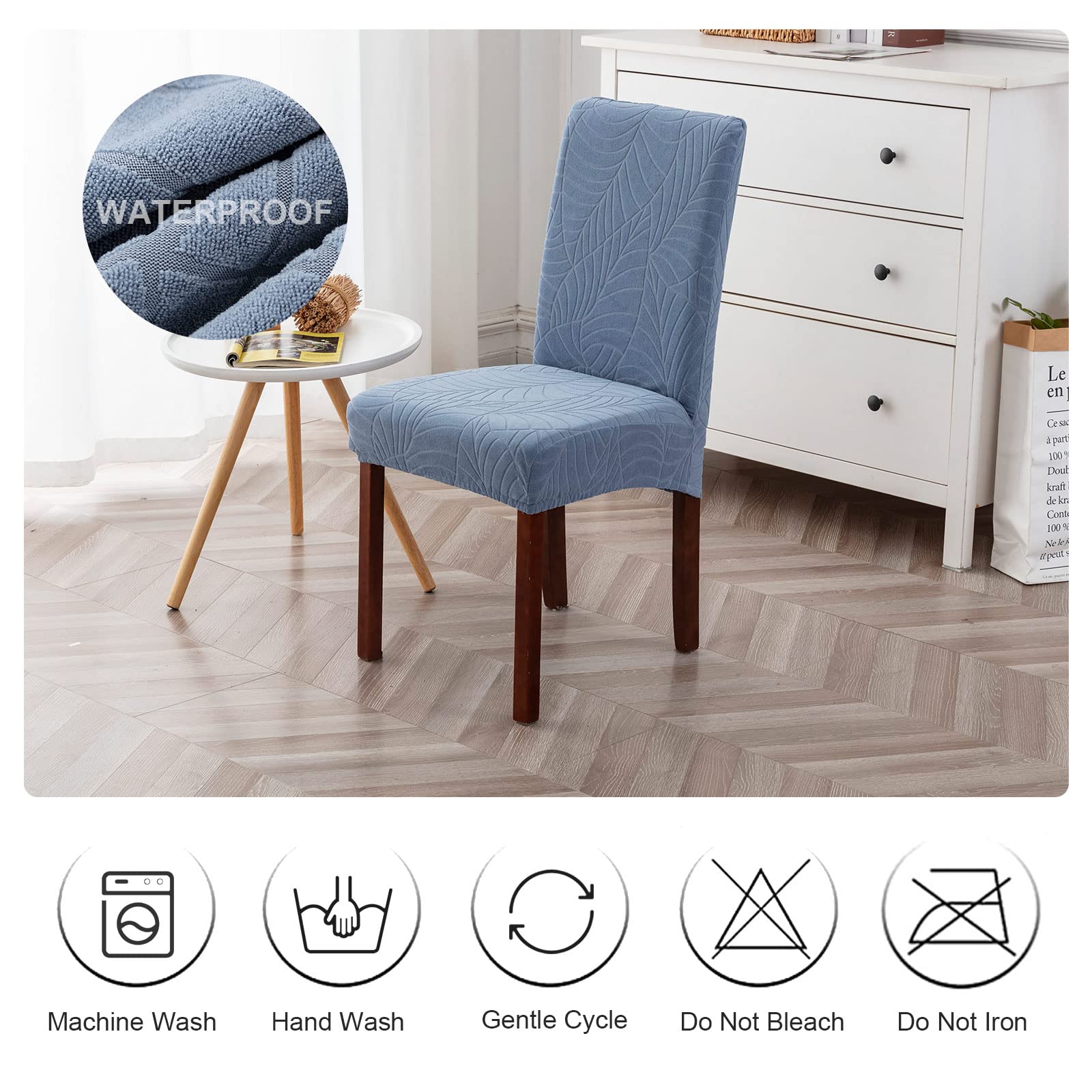 Genina Waterproof Chair Covers for Dining Room 6 Pack, Stretch Jacquard Dining Chair Cover Removable Washable Chair Protectors Cover for Kitchen, Home (Leaves-Warm Gray, 6 PCS)