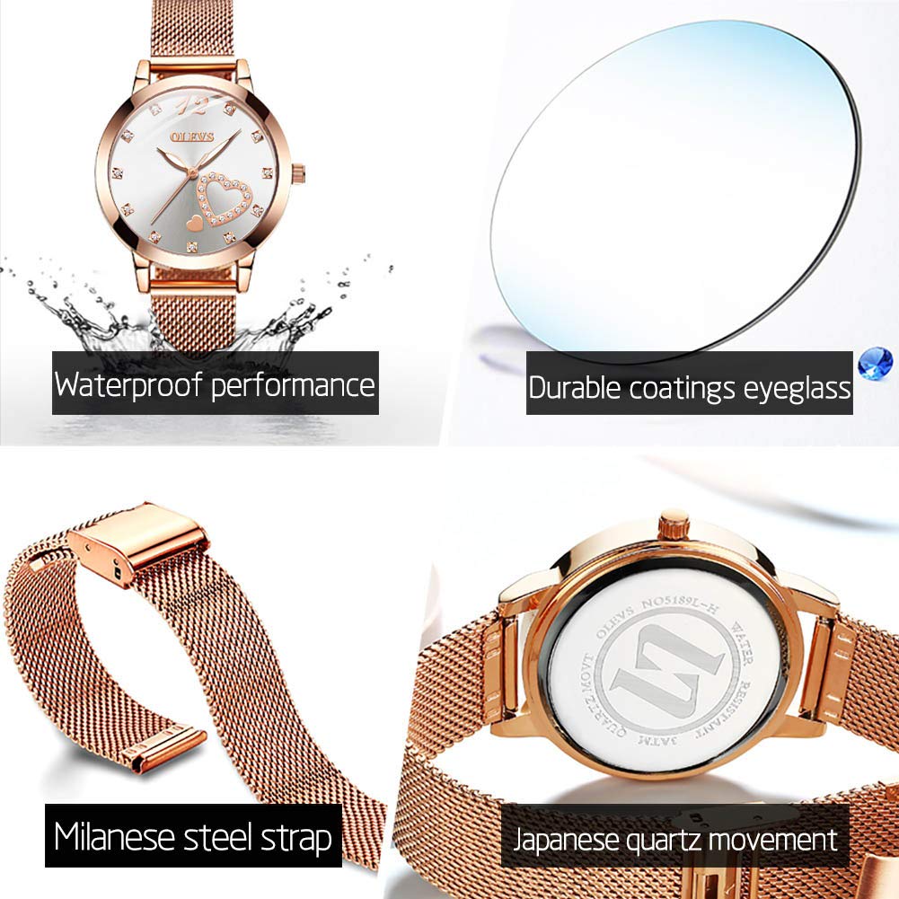 OLEVS Rose Gold Watch for Women Mesh Strap Fashion Dress Hearts Japanese Quartz Waterproof Luminous Ladies Watches Bracelet Sets