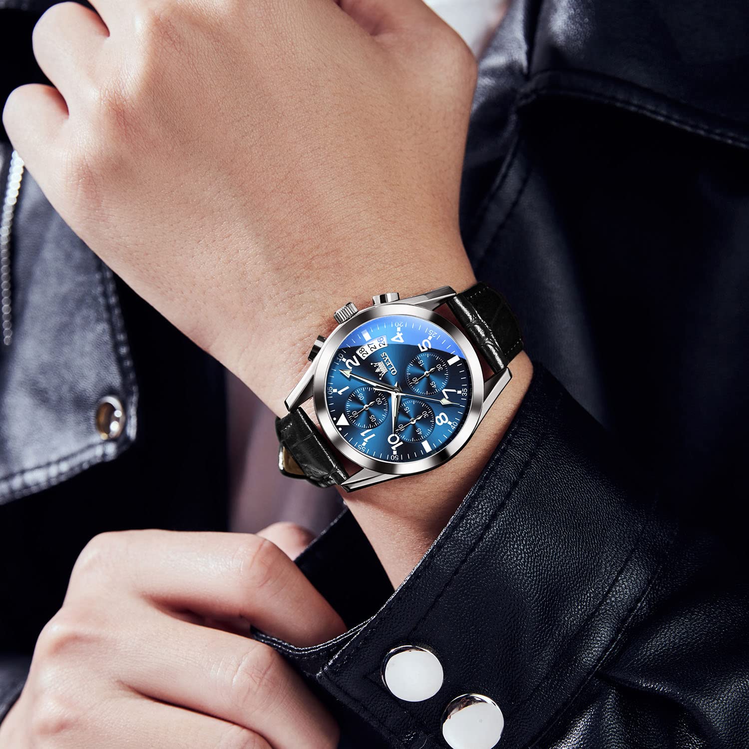 OLEVS Men's Casual Leather Watch, Big Face Chronograph Watch for Men, Fashion Easy to Read Dress Watch, Men's Waterproof Luminous Date Analog Watch, Gold/Black/White/Blue Dial