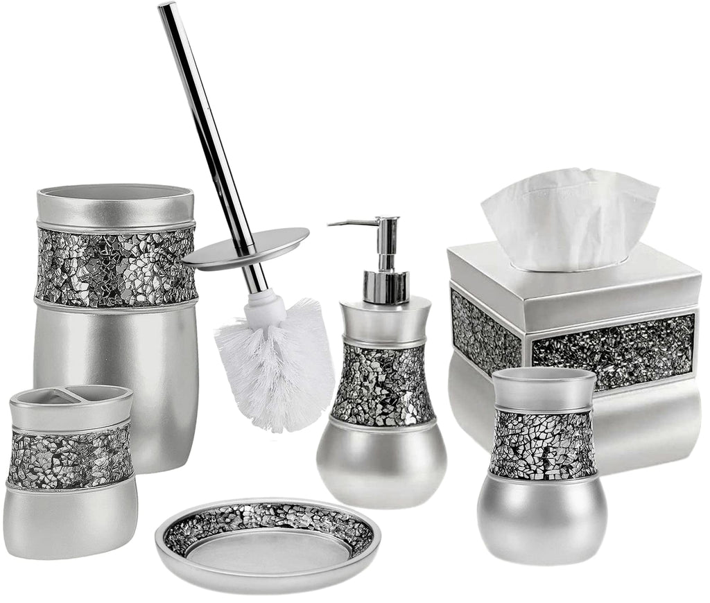 Creative Scents Crackled Glass Silver Bathroom Accessory Set – 4-Piece Vanity Set Includes: Lotion Soap Dispenser, Toothbrush Holder, Tumbler, and Soap Dish