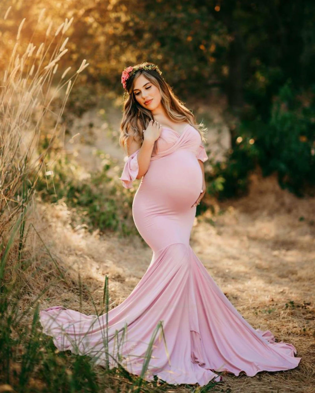 Saslax Off Shoulder Ruffle Sleeves Elegant Fitted Maxi Maternity Dress for Photoshoot Baby Shower