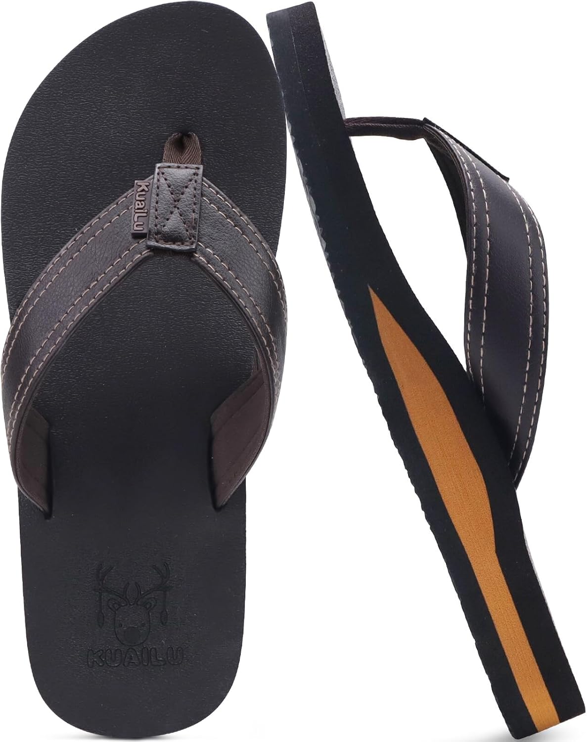 KuaiLu Men's Yoga Mat Leather Flip Flops with Arch Support Comfortable Cushion Walking Thong Sandals Slip On Indoor Outdoor