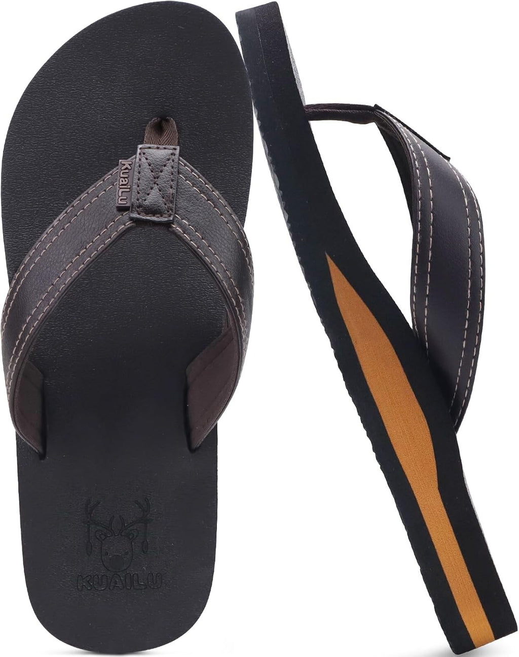 KuaiLu Men's Yoga Mat Leather Flip Flops with Arch Support Comfortable Cushion Walking Thong Sandals Slip On Indoor Outdoor