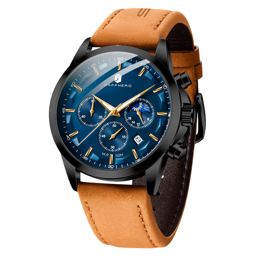 SAPPHERO Chronograph Watches for Men, Original Business Casual Stainless Steel Analog Watch 50M Waterproof Luminous Watches with Date Dial, Mens Gift