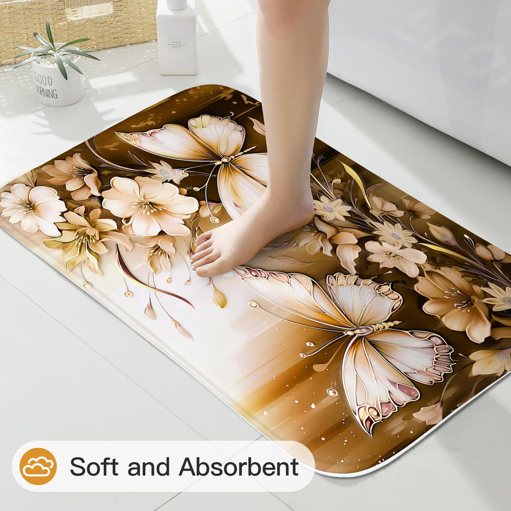 Litabel 4 Pcs Black Floral Butterfly Shower Curtain Set with Non-Slip Rugs, White Gold Modern Toilet Lid Cover and Bath Mat, Elegant Bathroom Decor Set (Hooks Not Included)