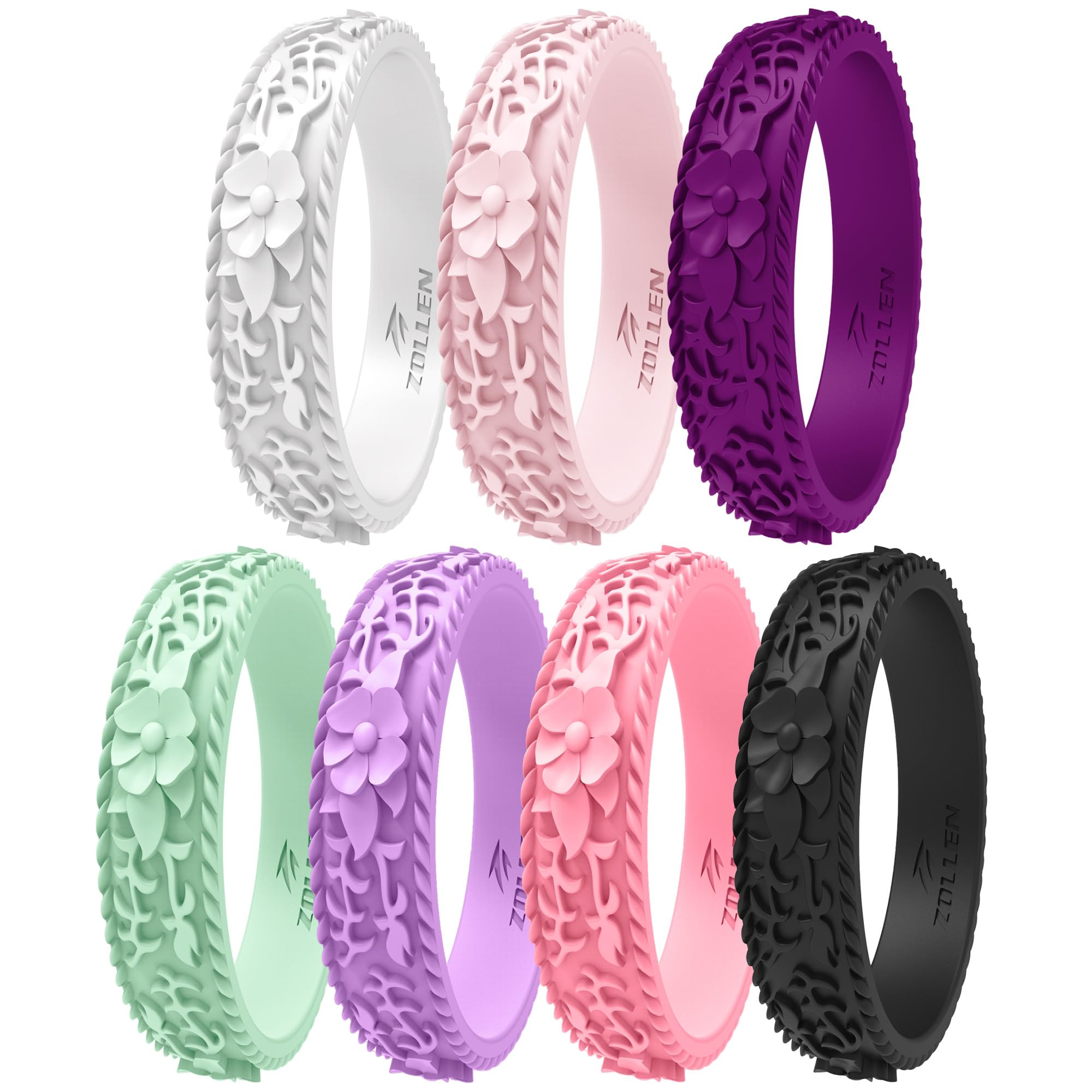 Silicone Wedding Rings for Women 1/4/7 Packs -Stackable Silicone Rubber Wedding Bands - Innovative Flower & Vine Collection