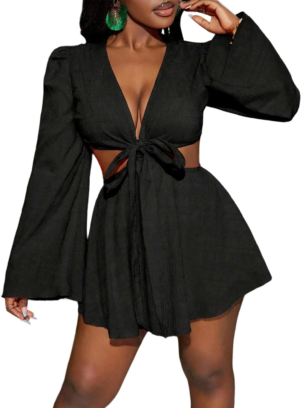 BEAUDRM Women's Tropical Dresses Summer Dress Vacation Beach Sundresses Sexy Long Bell Sleeve Two Piece Vacation Outfits
